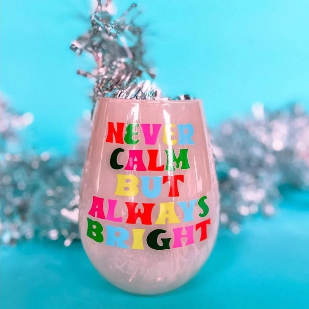 Always Bright Jumbo Stemless Wine Glass in Pink Tinted Glass | Pastel Christmas